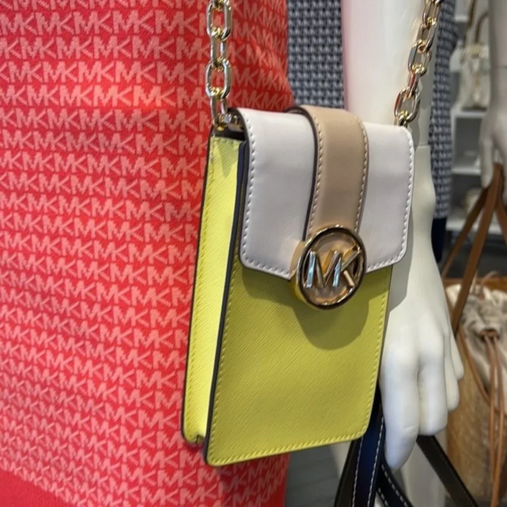 Michael Kors Carmen Small Color-Block Faux Leather Phone Crossbody Bag Sunshn - Picture 14 of 16